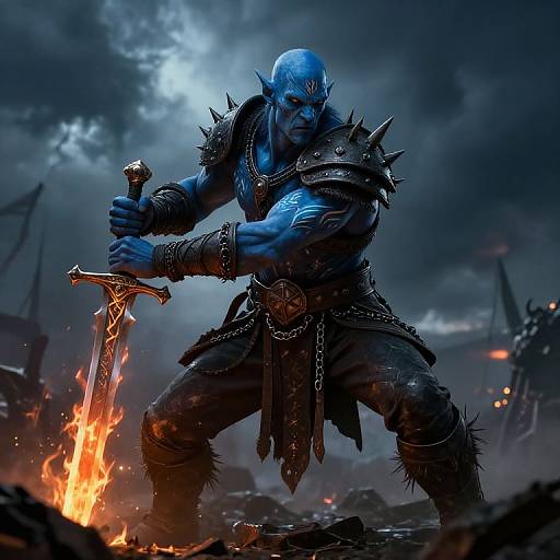 Blue-skinned, muscular warrior with spiked armor, holding burning sword, stands in fiery battlefield under dark, cloudy sky, ready for battle.