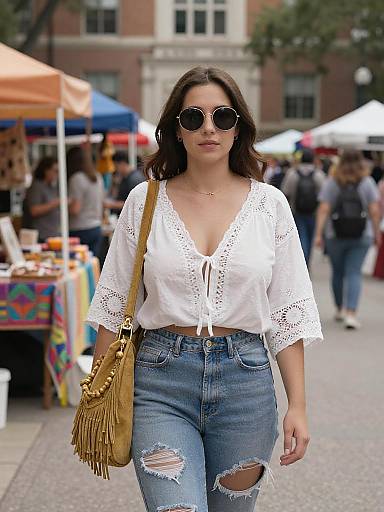 Photograph of a young woman with dark hair, wearing round sunglasses, white lace blouse, and ripped blue jeans, carrying a tan fringe purse, walking