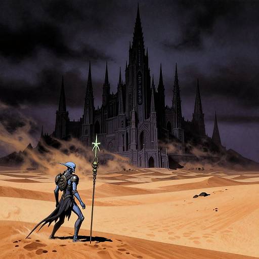 Digital art: Dark, armored figure with blue helmet and long coat holds glowing staff, standing in orange desert, facing gothic castle with spires under