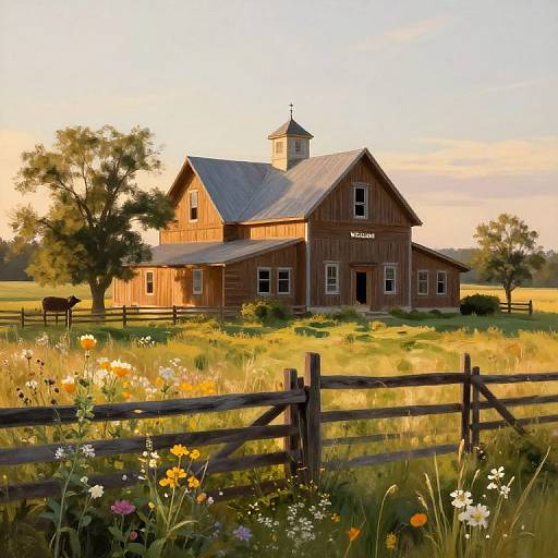 Digital painting of a rustic wooden barn with a small steeple, surrounded by a vibrant, sunlit meadow, flowers, and a wooden fence