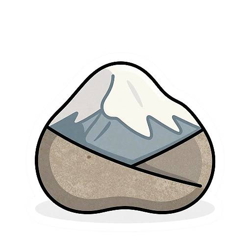 Digital illustration of a stylized mountain rock, featuring a white snow-capped peak, blue lower slopes, and brown base, outlined in black. Simple