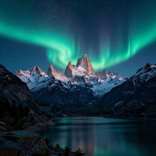 Photograph of a snowy mountain range with vibrant green northern lights, reflected in a calm lake, under a starry night sky.