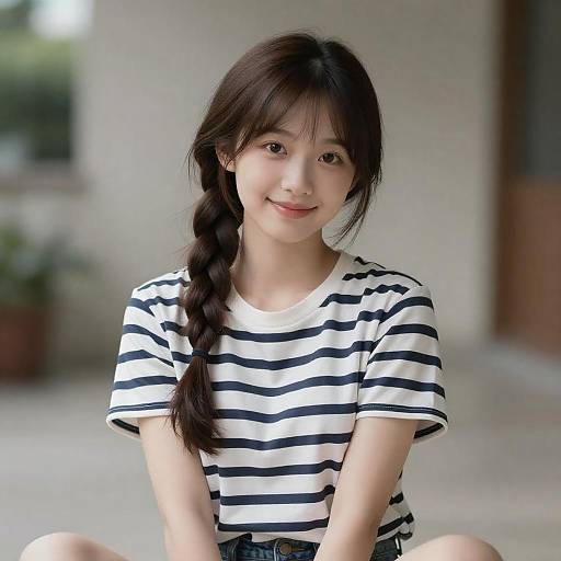 Realistic Smiling Girl in Striped Shirt
