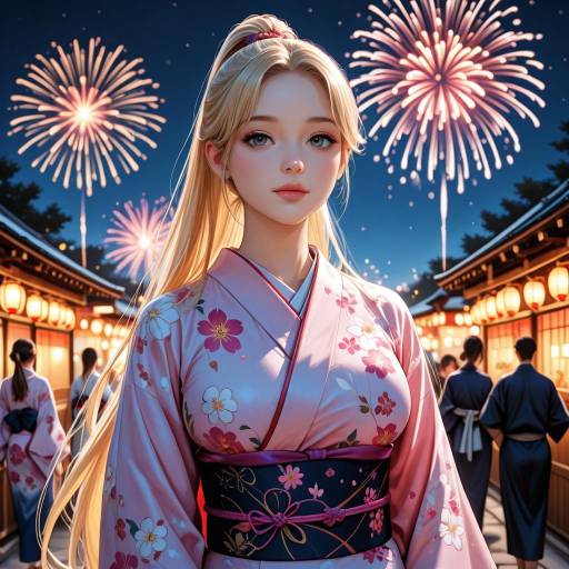 Blonde Japanese Girl in Pink Kimono