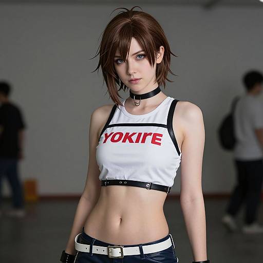 Digital CGI of a young woman with short brown hair, wearing a white 