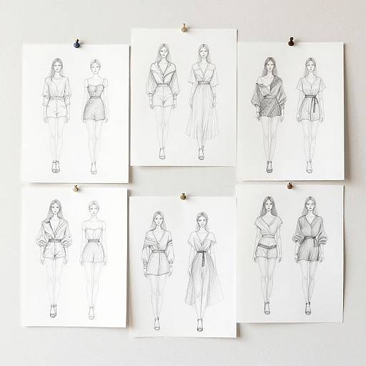 Six black-and-white sketch sheets, each featuring two women in different outfits, pinned to a white background. Minimalist, elegant fashion illustrations.