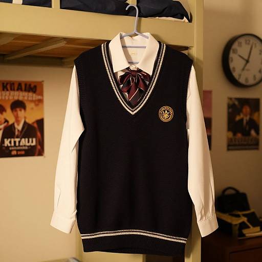 Photograph of a black school sweater with white trim and crest, hanging on a beige shelf, with posters and a clock in the background.