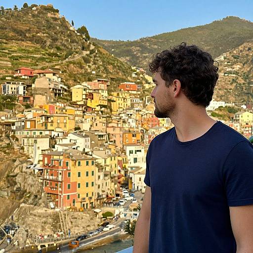 Photograph of a bearded man with curly brown hair in a black t-shirt, gazing at colorful, hillside houses in a coastal town against