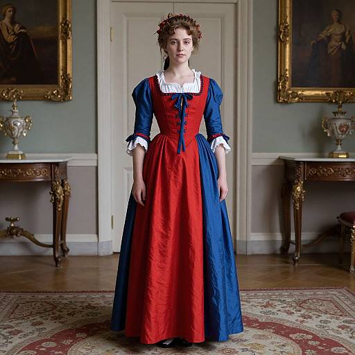 Photograph of a young woman in a red and blue 18th-century-style dress with white lace collar, standing in an elegant, ornately decorated
