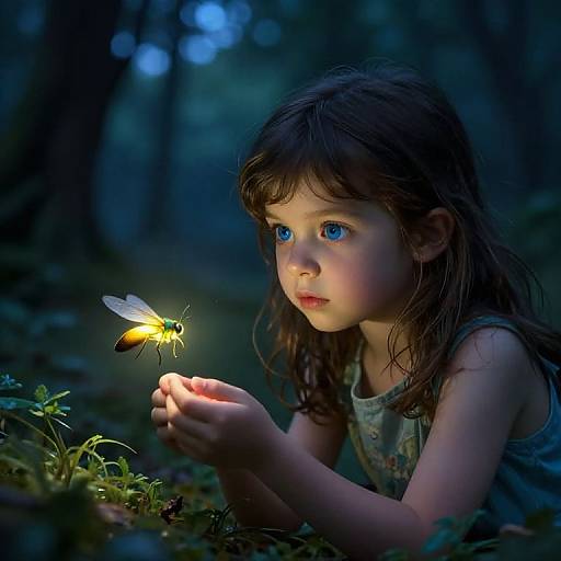 Photograph of a young girl with blue eyes, brown wavy hair, wearing a gray sleeveless shirt, gently holding a glowing yellow and black fire