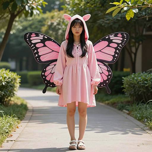Young Woman in Pink Butterfly Costume Outdoors