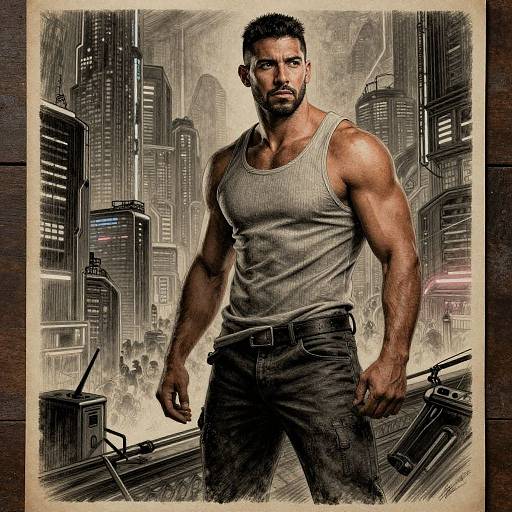 Digital drawing of a muscular, bearded man in a gray tank top and black pants, standing in a futuristic cityscape with tall skyscrapers,