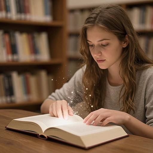 Photograph of a young woman with long brown hair, wearing a gray sweater, reading an open book with glowing, sparkling effects. Background: blurred book