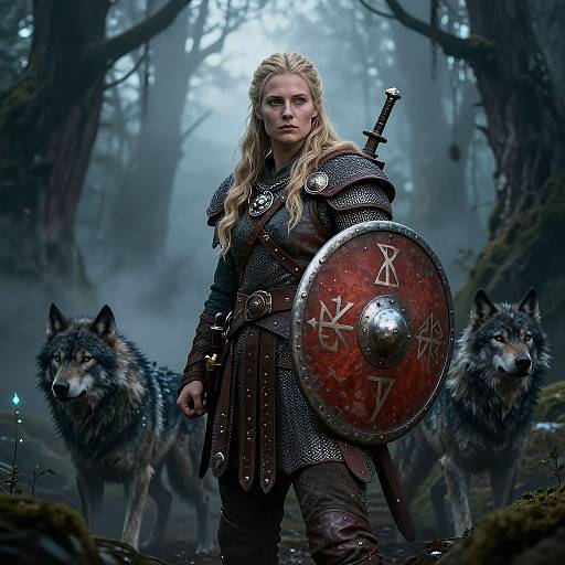 Fantasy Viking Shield-Maiden in Enchanted Forest