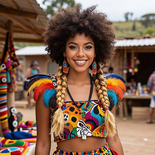 Photograph of a smiling Black woman with large afro, colorful braided pigtails, vibrant crop top with feathered shoulders, standing outdoors in