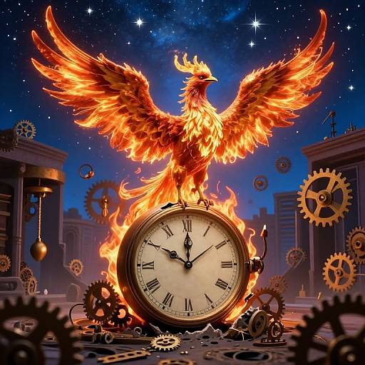 Digital artwork: Fiery phoenix with outstretched wings stands on a burning clock, surrounded by floating gears in a starry night sky.