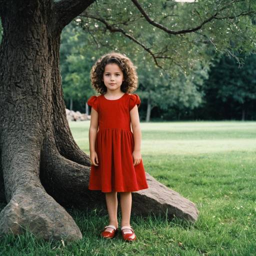 Young Girl in Red Dress by Tree
