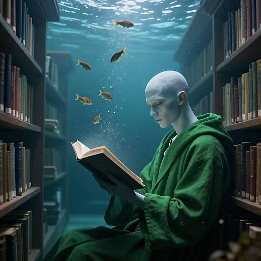 Photograph-style CGI: Bald, pale-skinned person in green robe reads underwater, surrounded by fish, in dimly lit library aisle.