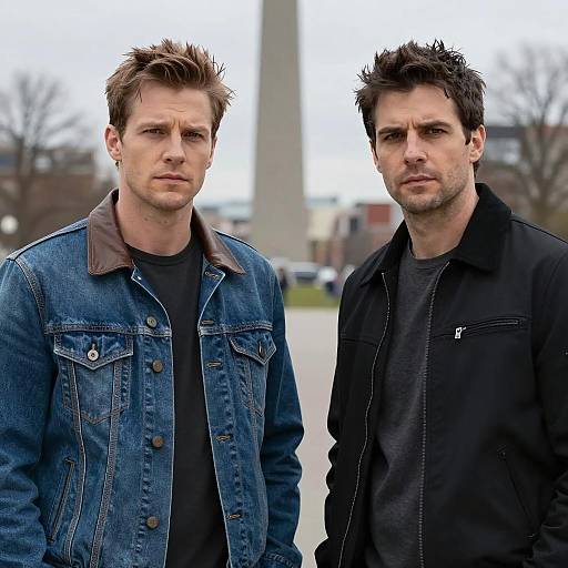 Two men standing outdoors with serious expressions