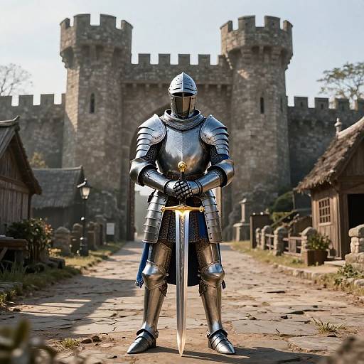 Digital artwork: Knight in full silver armor, standing with sword, in front of medieval stone castle, sunny village path, wooden houses.