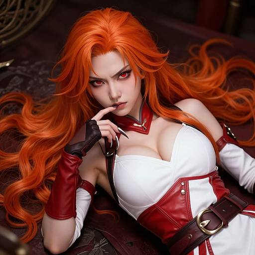 Digital artwork of a fierce, red-haired woman with glowing eyes, wearing a white and red leather outfit, lying seductively in a dark, industrial