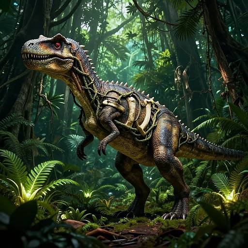 CGI image of a detailed, realistic, green and brown dinosaur with red eyes and spine ridges in a dense, dark forest with glowing ferns