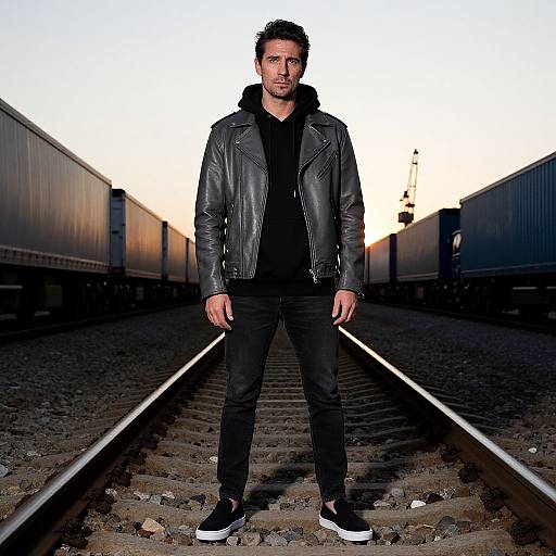Photograph: Muscular man with short, dark hair in black leather jacket, hoodie, jeans, and sneakers, stands confidently on railway tracks at sunset