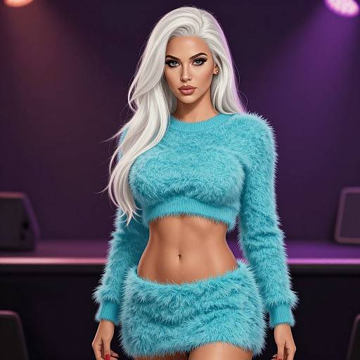 Digital CGI of a sexy woman with long white hair, blue furry crop top and skirt, toned abs, standing on a dark stage.