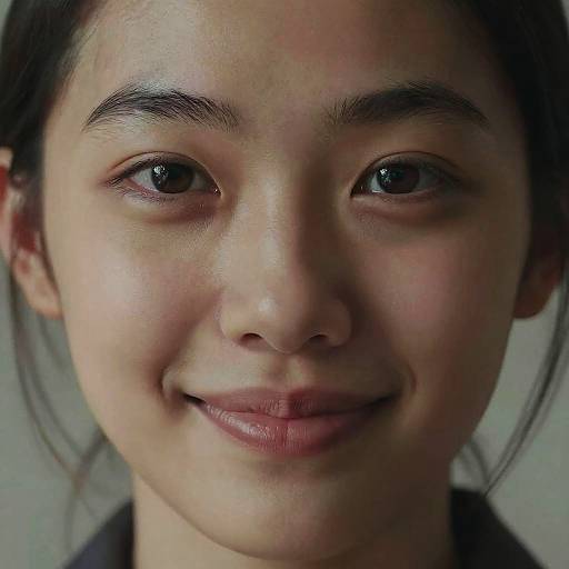 Close-up photograph of a young Asian woman with fair skin, dark eyes, and black hair, smiling softly against a plain background.