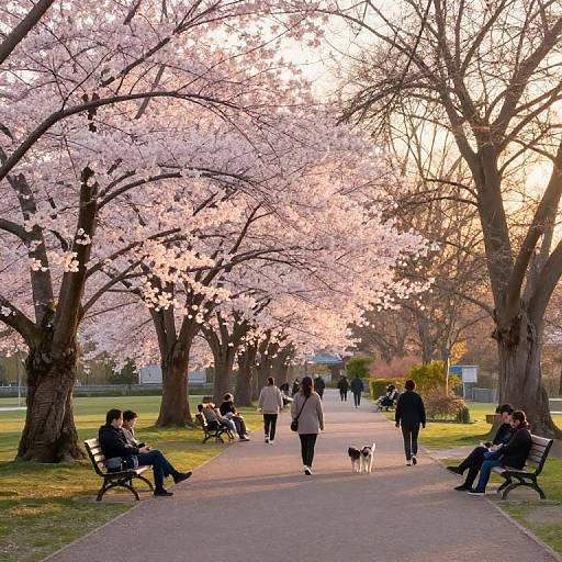 Photograph of a sunny park pathway lined with blooming cherry blossom trees, people walking, sitting on benches, and a small dog.