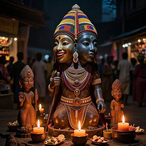 Photograph of a colorful, dark bronze Ganesha statue with two heads, adorned with beads, surrounded by lit candles, and smaller statues, in