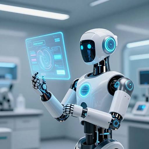 Digital illustration of a white, futuristic robot with glowing blue eyes and circular blue accents, holding a holographic control panel in a sleek, modern laboratory.
