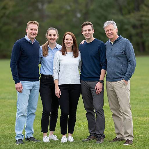 Photograph of five smiling family members standing on a grassy field; three men, two women, casual attire, diverse ages, forest background.