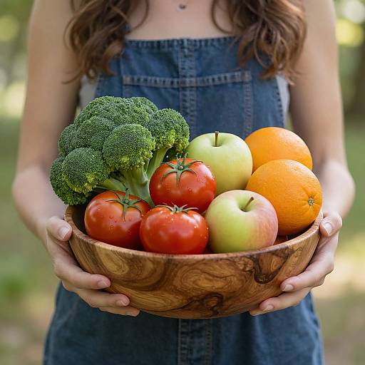Photograph of a woman in a denim dress holding a wooden bowl of fresh broccoli, tomatoes, green apples, and oranges outdoors.