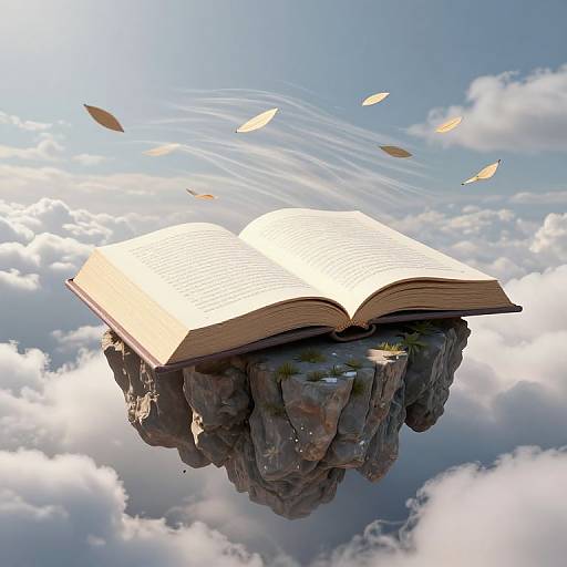 Digital illustration of an open book floating on a rocky cliff in the sky, surrounded by leaves and clouds.