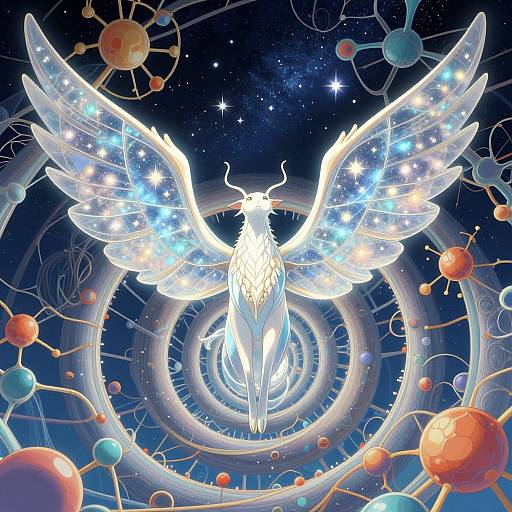Digital art of a glowing white phoenix with starry wings, centered in a cosmic, molecular spiral pattern, surrounded by colorful planets.