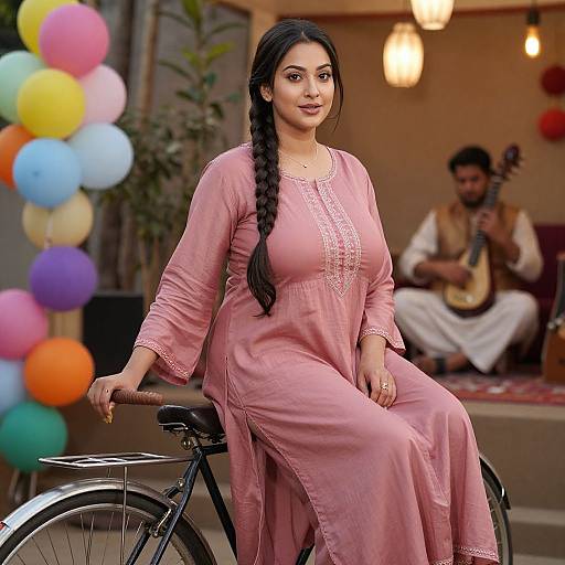 Photograph of a young South Asian woman with long black braided hair, wearing a pink traditional dress, sitting on a bicycle, with a musician in