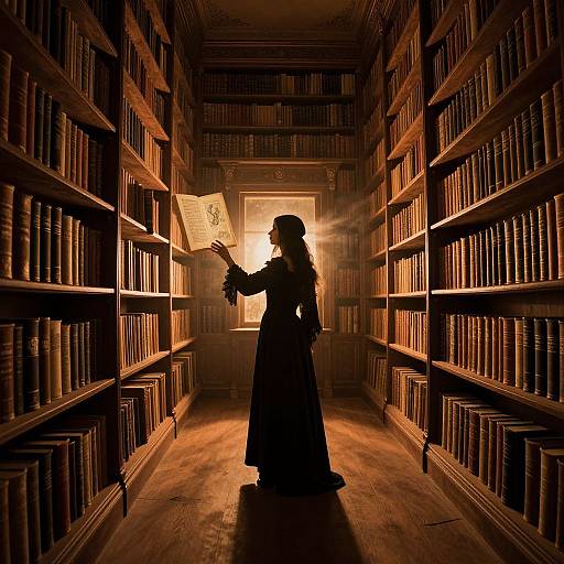 Silhouetted woman in long dress reads illuminated book in dimly lit, vast library with wooden shelves and books on both sides.