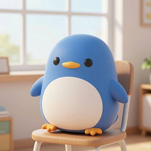 Photorealistic CGI of a cute, chubby blue penguin with a white belly, black eyes, and orange beak and feet, sitting on a