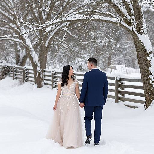 Photograph of a couple in winter wedding attire, holding hands, walking away through a snow-covered, tree-lined path with wooden fence.