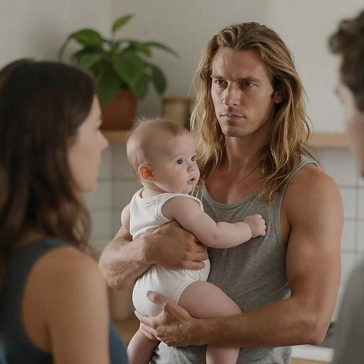 Man Holding Baby with Woman in Foreground