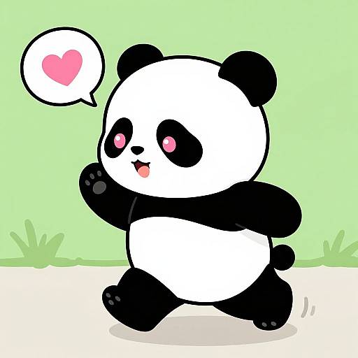 Cute digital drawing of a black-and-white cartoon panda with pink eyes, waving and smiling, with a pink heart speech bubble, against a green gradient
