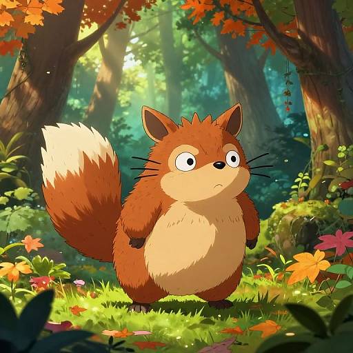 Digital illustration of a chubby, orange and white fox with wide eyes standing in a vibrant, sunlit forest filled with colorful flowers and tall trees.