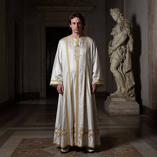 Photograph of a man in a long, white, ornately embroidered robe standing in a dimly lit hall with classical statues.