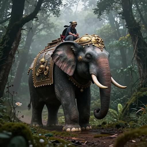 Digital art of an ornate, gray elephant with gold trappings, large white tusks, and a rider in a forest, surrounded by misty