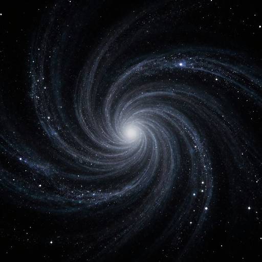 Photograph of a spiral galaxy with a bright, glowing center, surrounded by swirling, wispy arms, set against a star-studded, dark blue