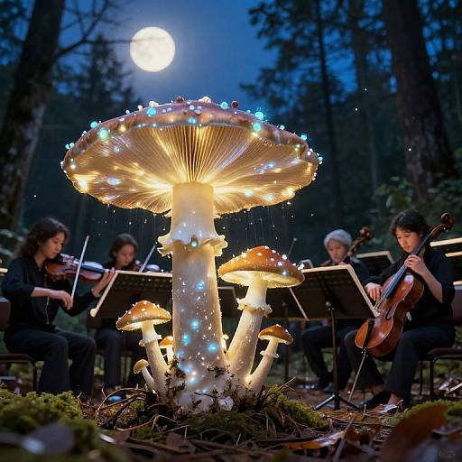 Photograph of illuminated fairy-lit mushrooms in a moonlit forest, with a string quartet playing in the background. Magical, enchanting scene.