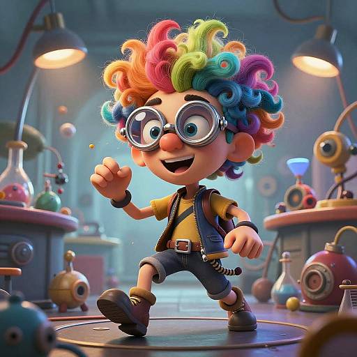 CGI cartoon of a colorful-haired boy with glasses, wearing a vest and shorts, excitedly walking in a whimsical laboratory with glowing lamps and various