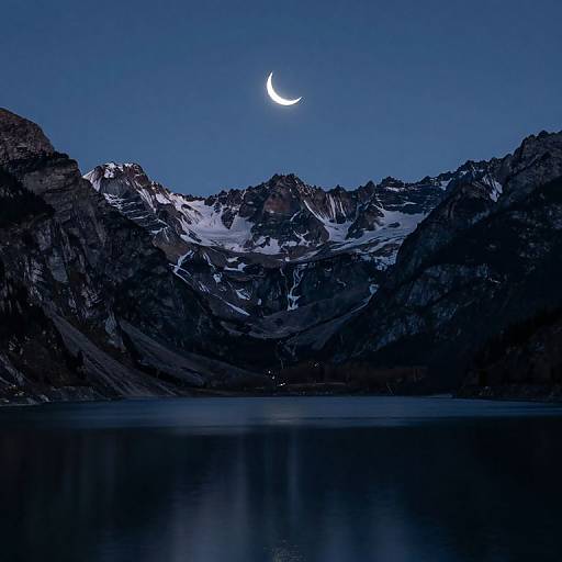 Photograph of a dark blue night sky with a bright crescent moon above snow-capped mountains reflecting on a calm, dark lake.