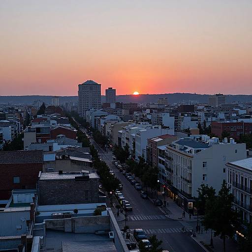 Photograph of a cityscape at sunset, showing silhouetted buildings, a bright orange sun on the horizon, and a street with parked cars
